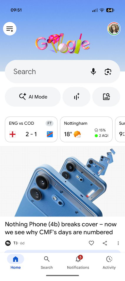 google search home page on android