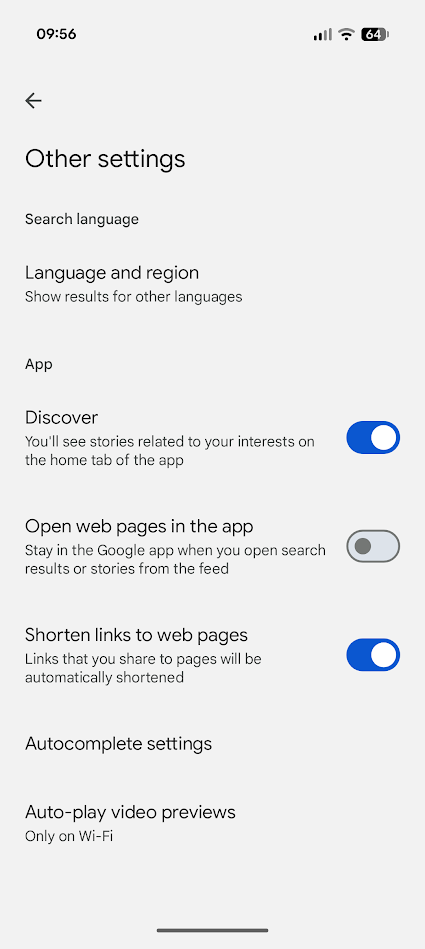 list of toggles for a settings menu in the google search app