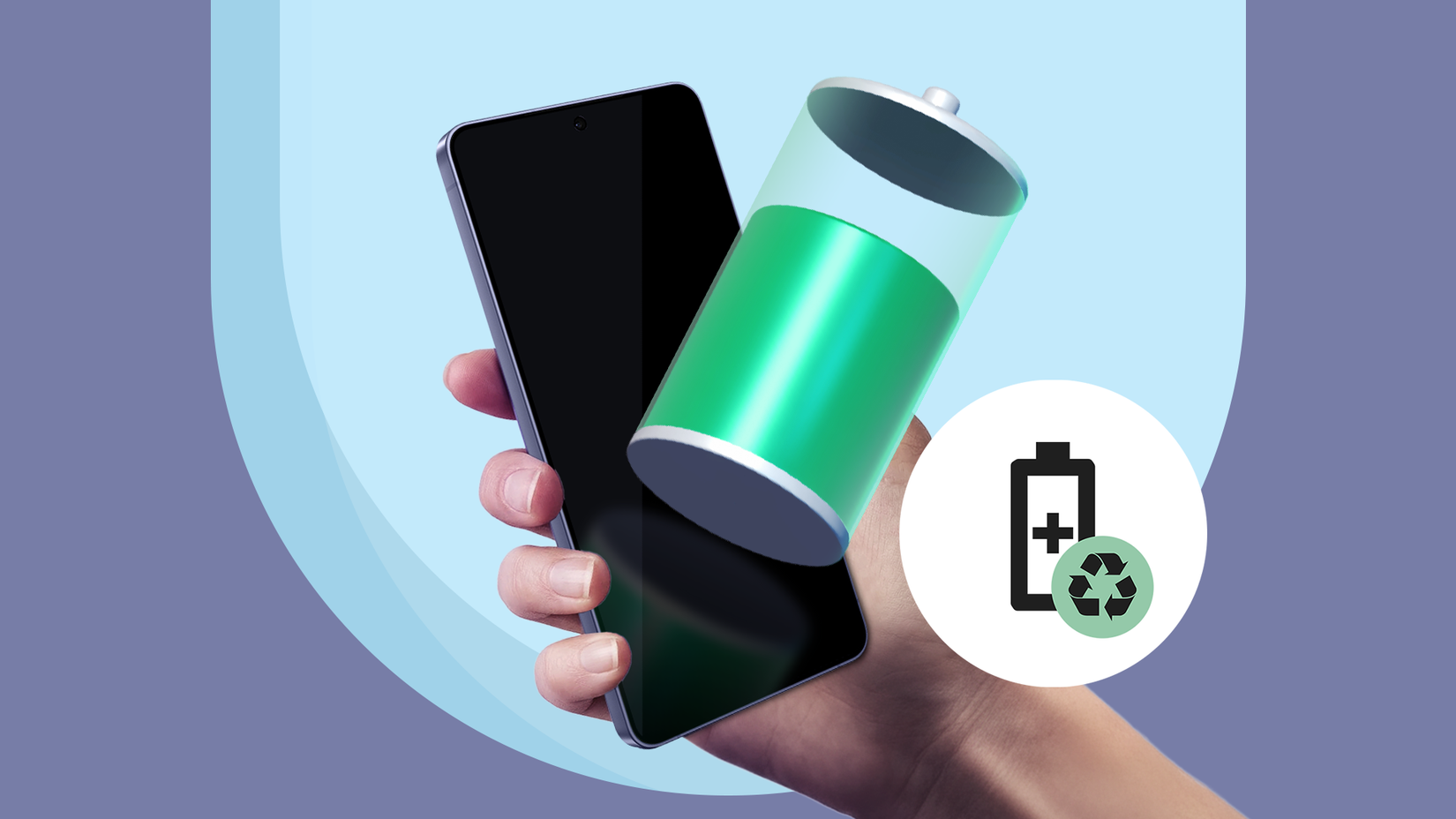Hand holding a phone with a large battery saver icon.