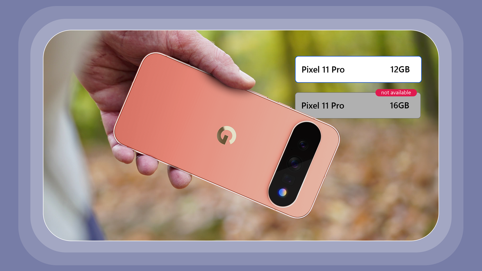 Google Pixel 11 smartphone with Pixel Glow on the back and memory options 