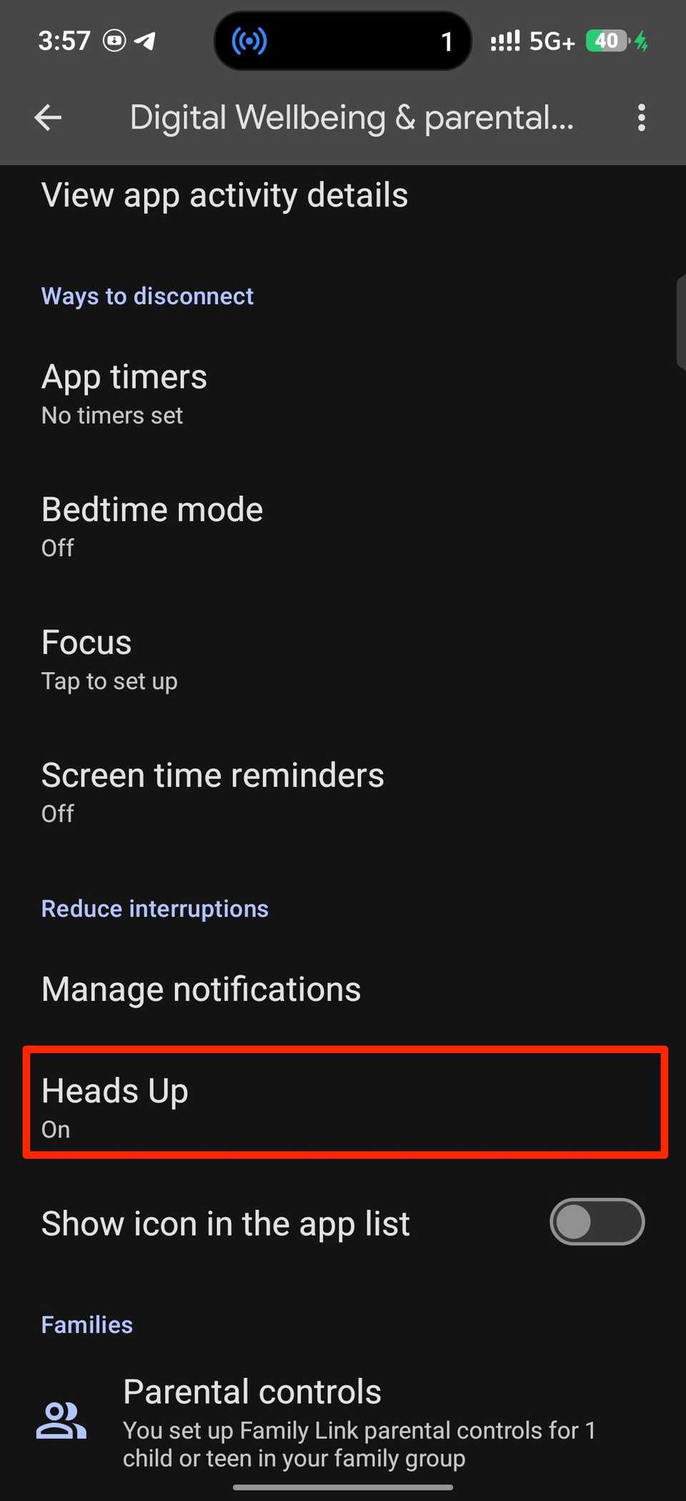 Red square highlighting Heads Up option in Digital Wellbeing menu