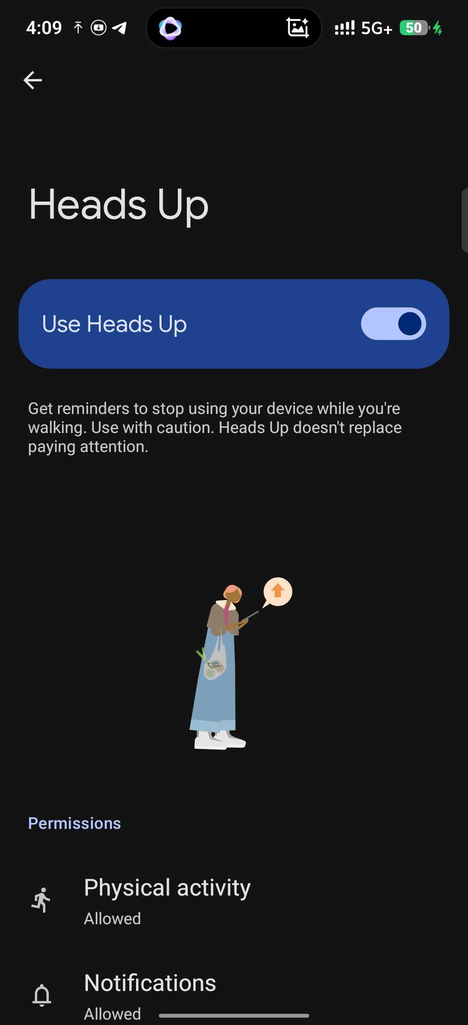 Heads Up menu with the feature enabled and physical activity allowed