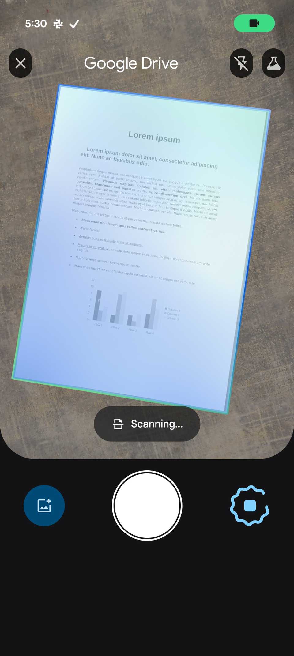 Mobile document scanner in Google Drive capturing a page using real-time edge alignment