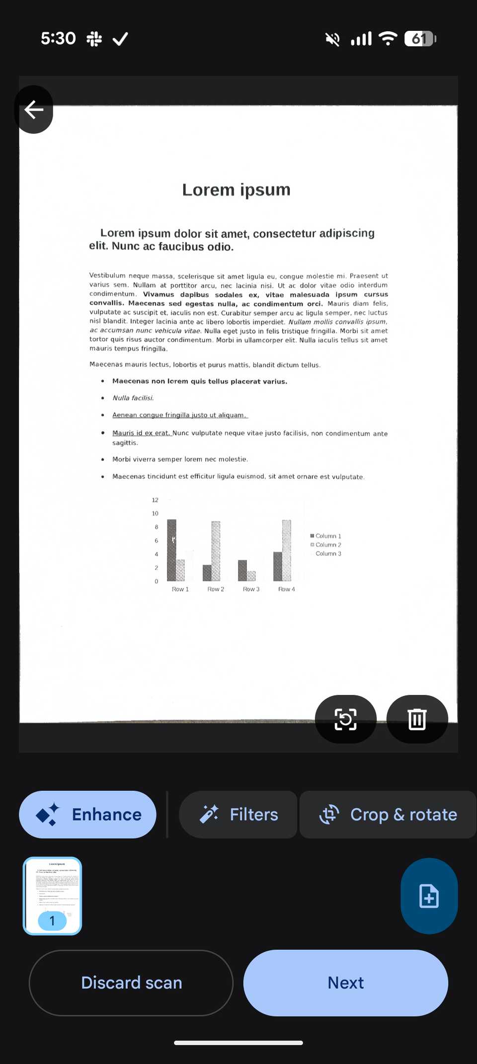 Google Drive application scan preview mode showing editing shortcuts like Enhance, Filters, and Crop & rotate
