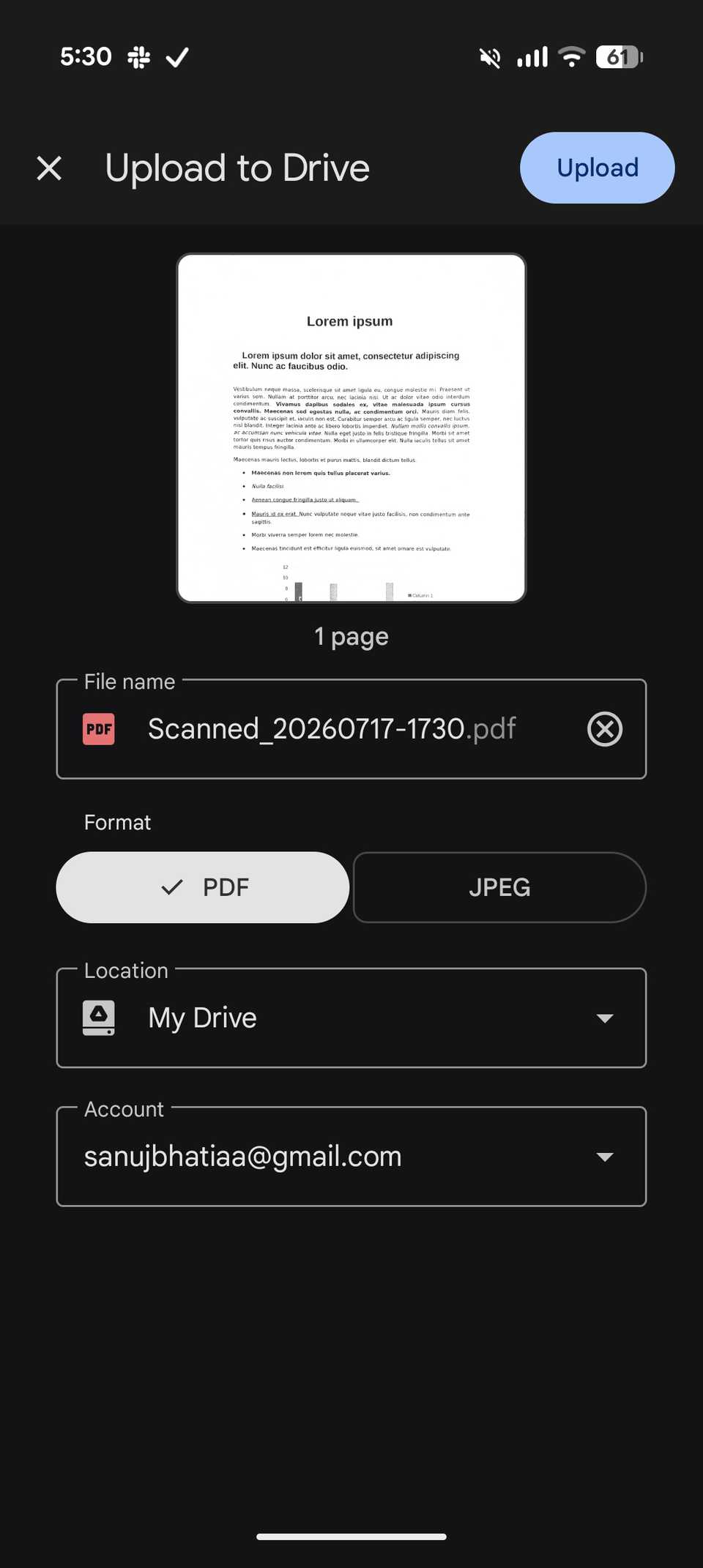 Upload to Drive screen showing options to name a PDF file, select location, and finalize the cloud save