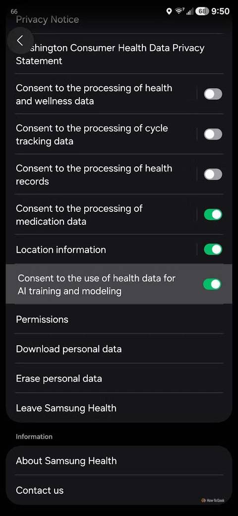 Samsung Health's settings, showing the option to turn off AI training.