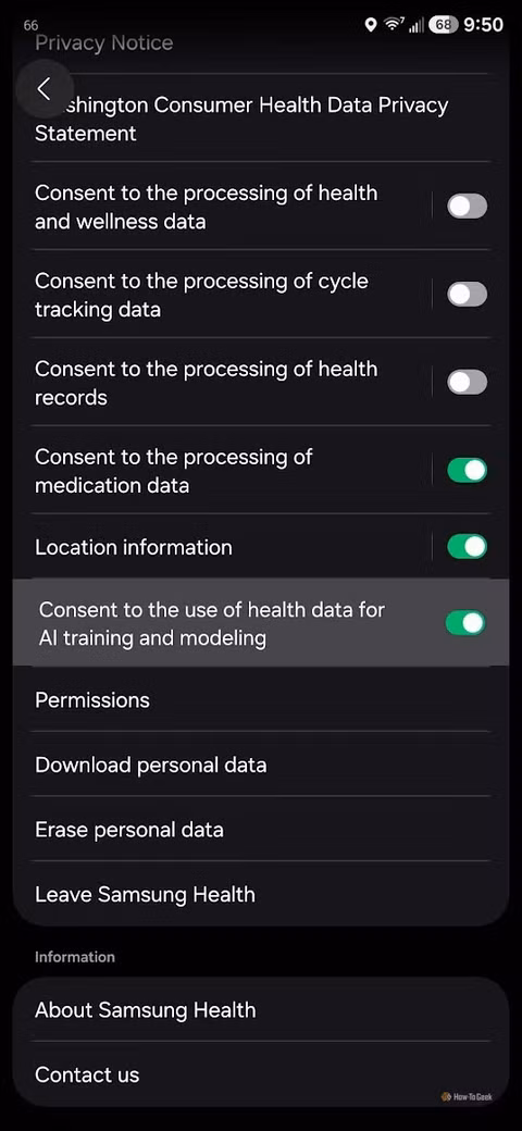 Samsung Health's settings, showing the option to turn off AI training.