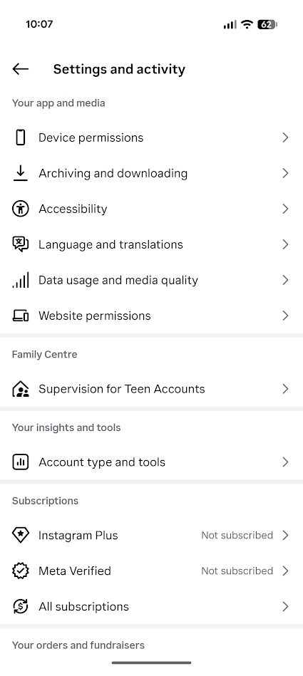 list of settings menus in Instagram app