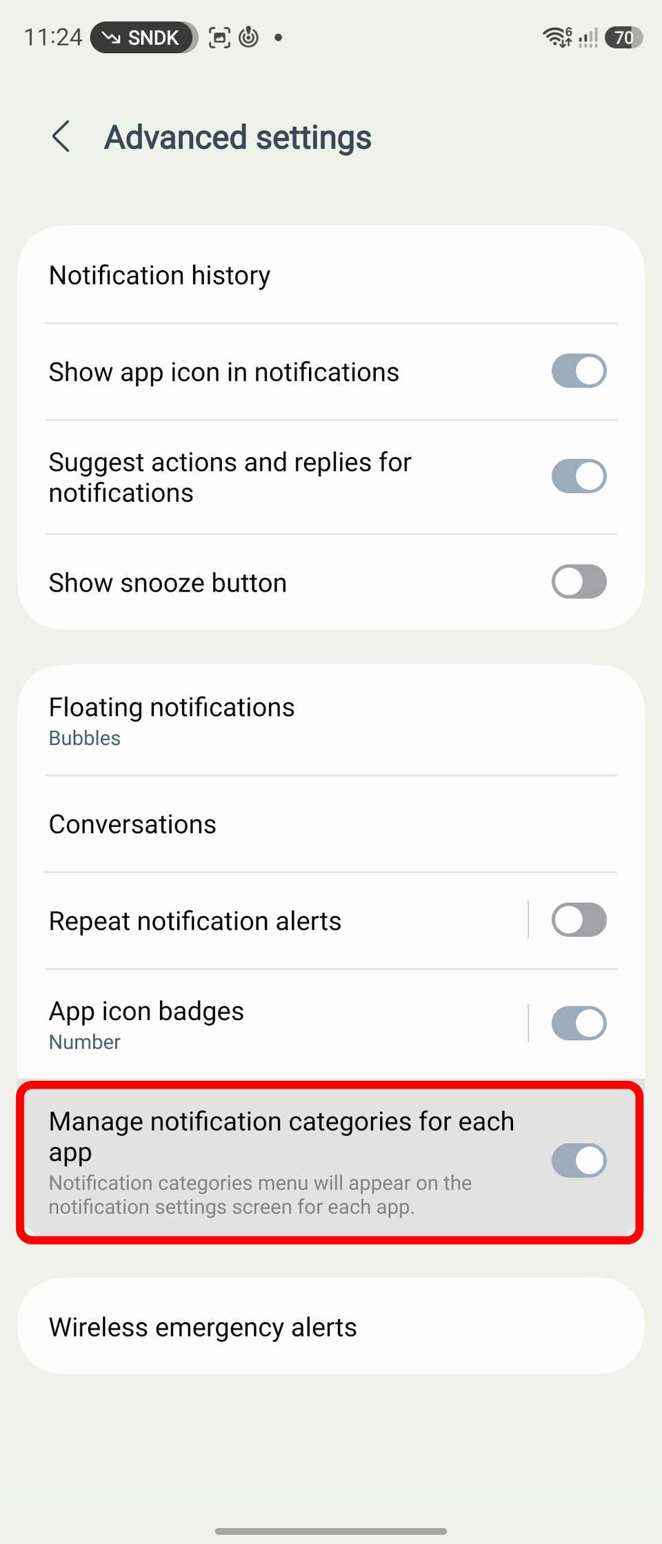 Notification categories is labeled as Manage notification categories for each app