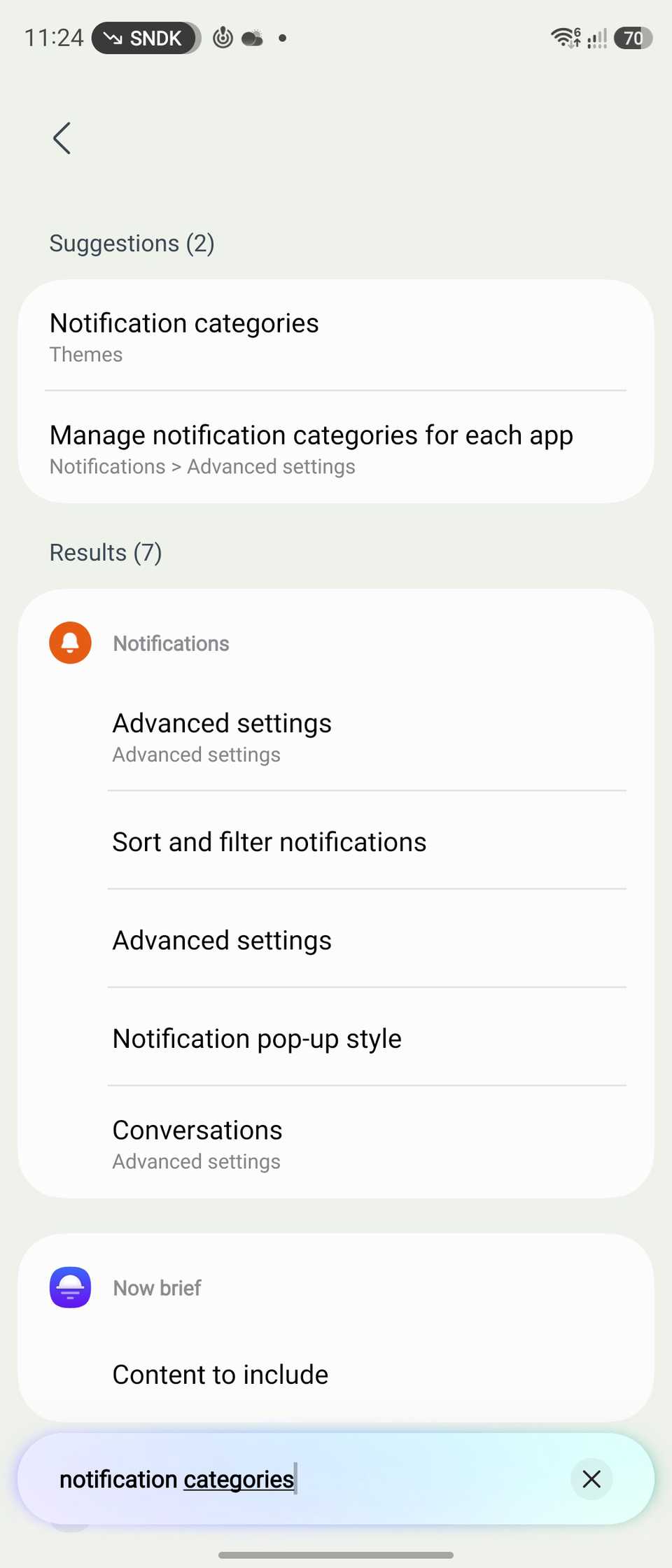 Samsung One UI settings searching Notification categories feature 