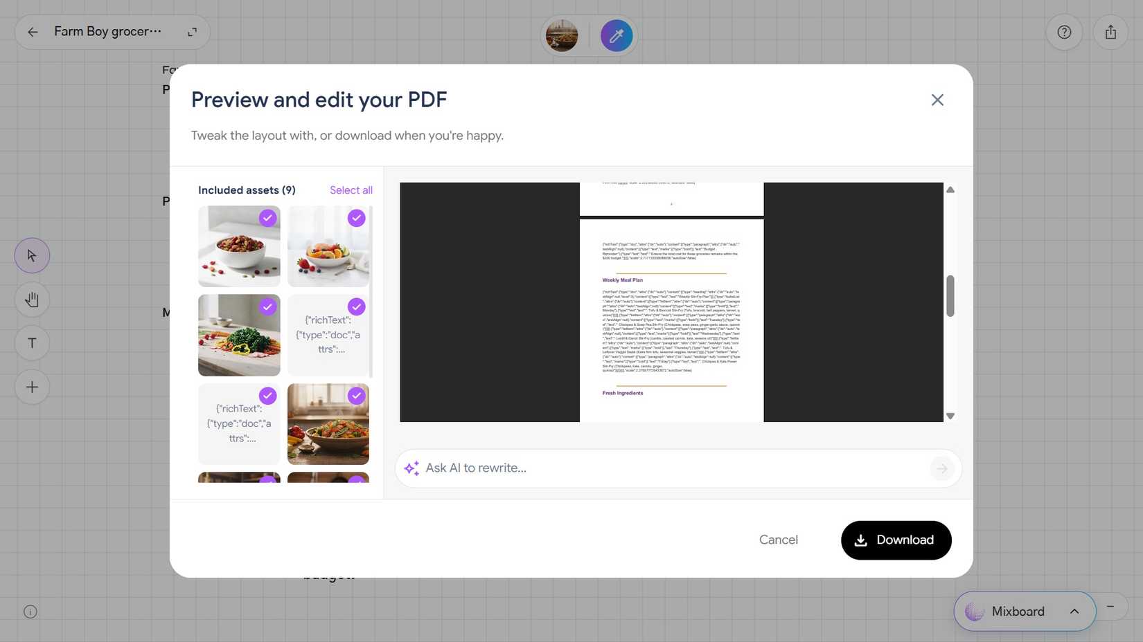 Visualização do PDF gerado para um mixboard com código em vez de texto