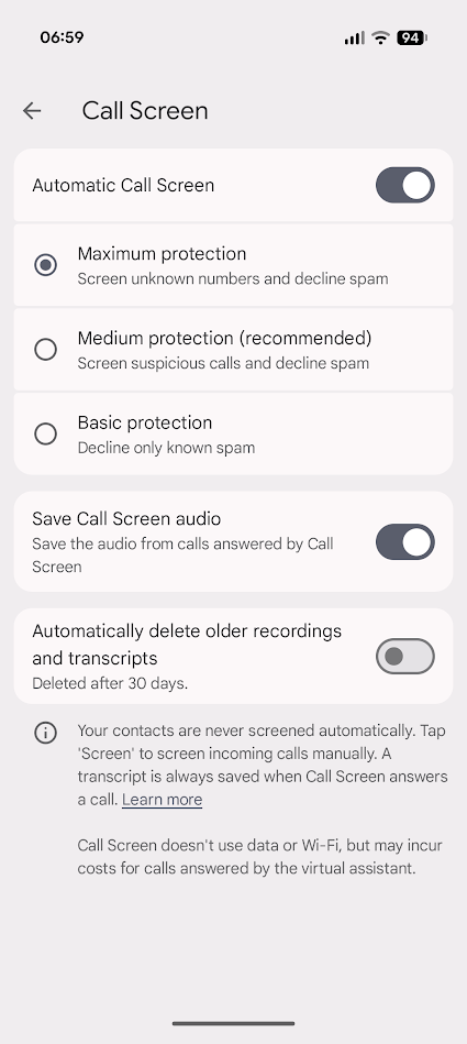 phone app call screen settings