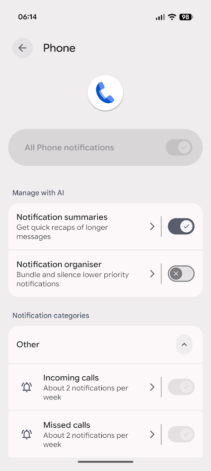 phone app settings