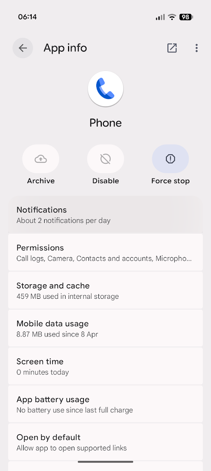 phone app info page android