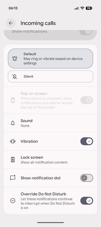 phone app incoming calls settings