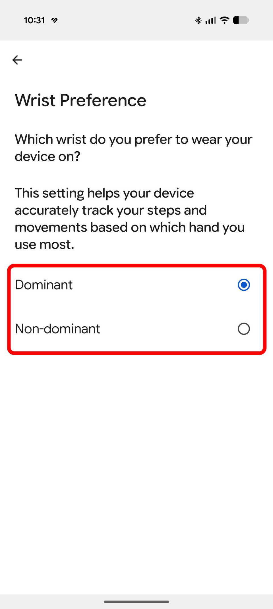 Wrist preference option in Google Health app