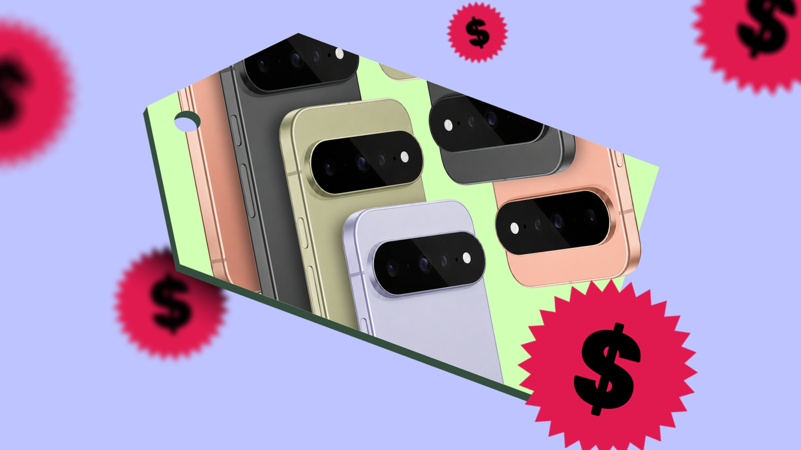 Pixel phones on a price tag surrounded by dollar symbols.