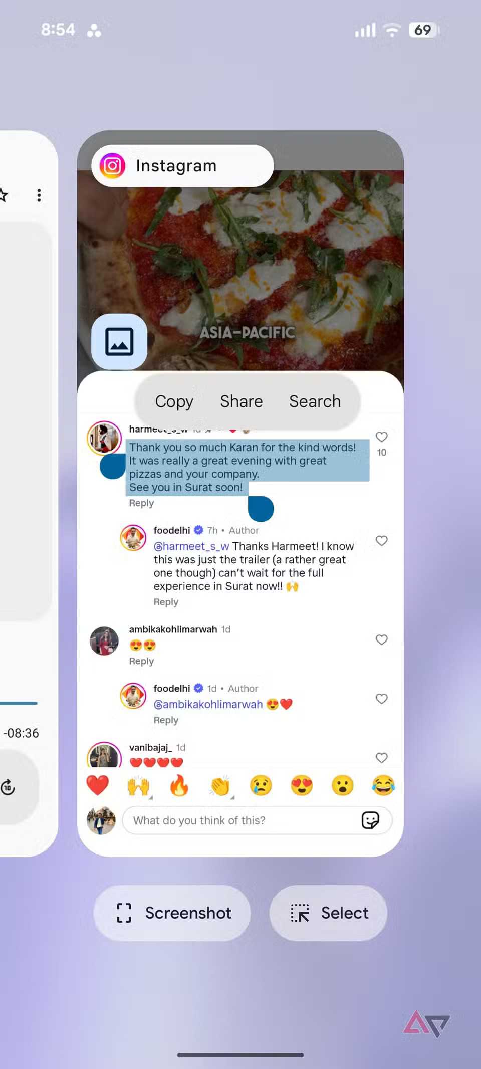 Screenshot showing how to copy text from the recent apps screen