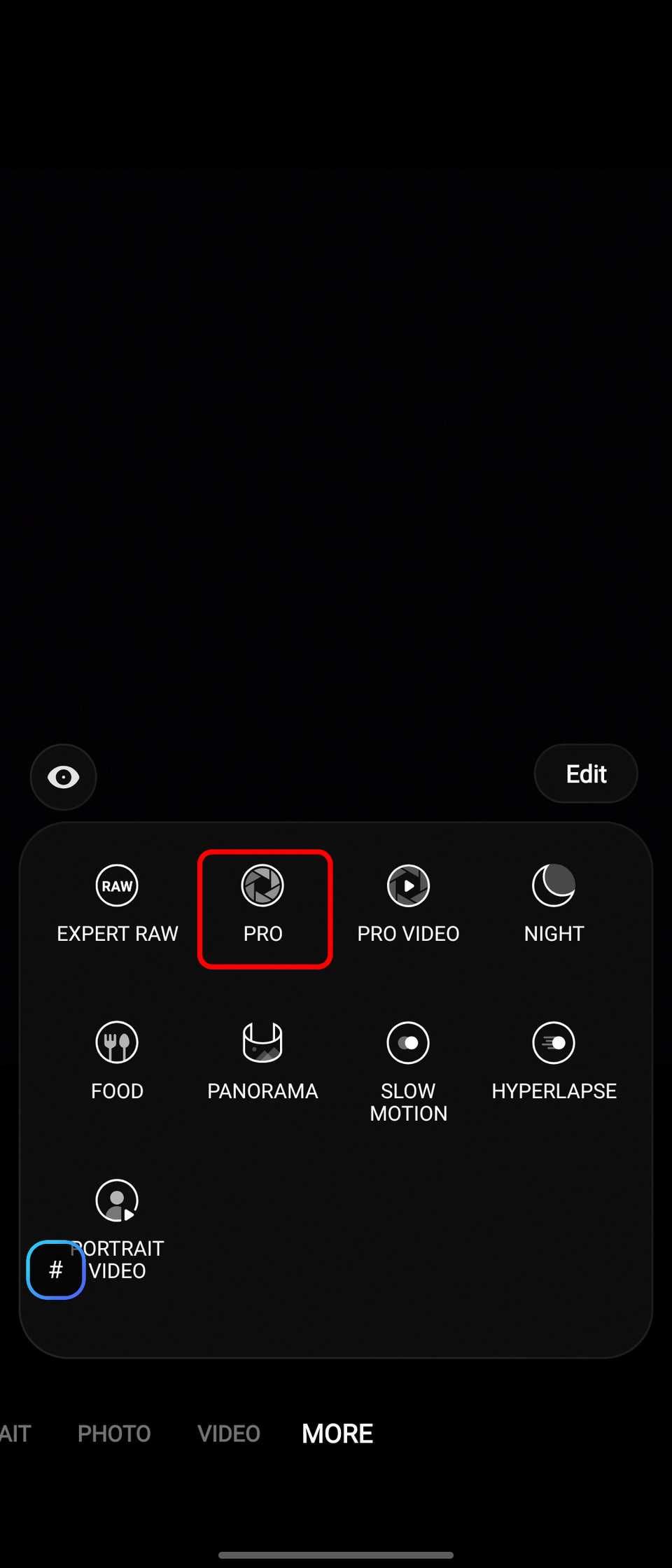 Pro mode highlighted in Samsung Galaxy Camera app