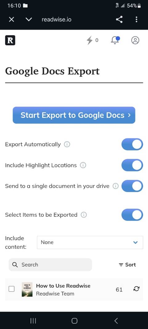 Readwise Google Docs export options