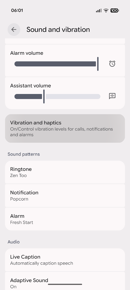 sound and vibration settings page on android