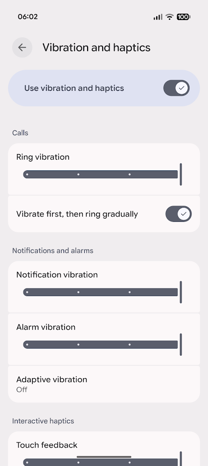 vibration and haptics settings page on android