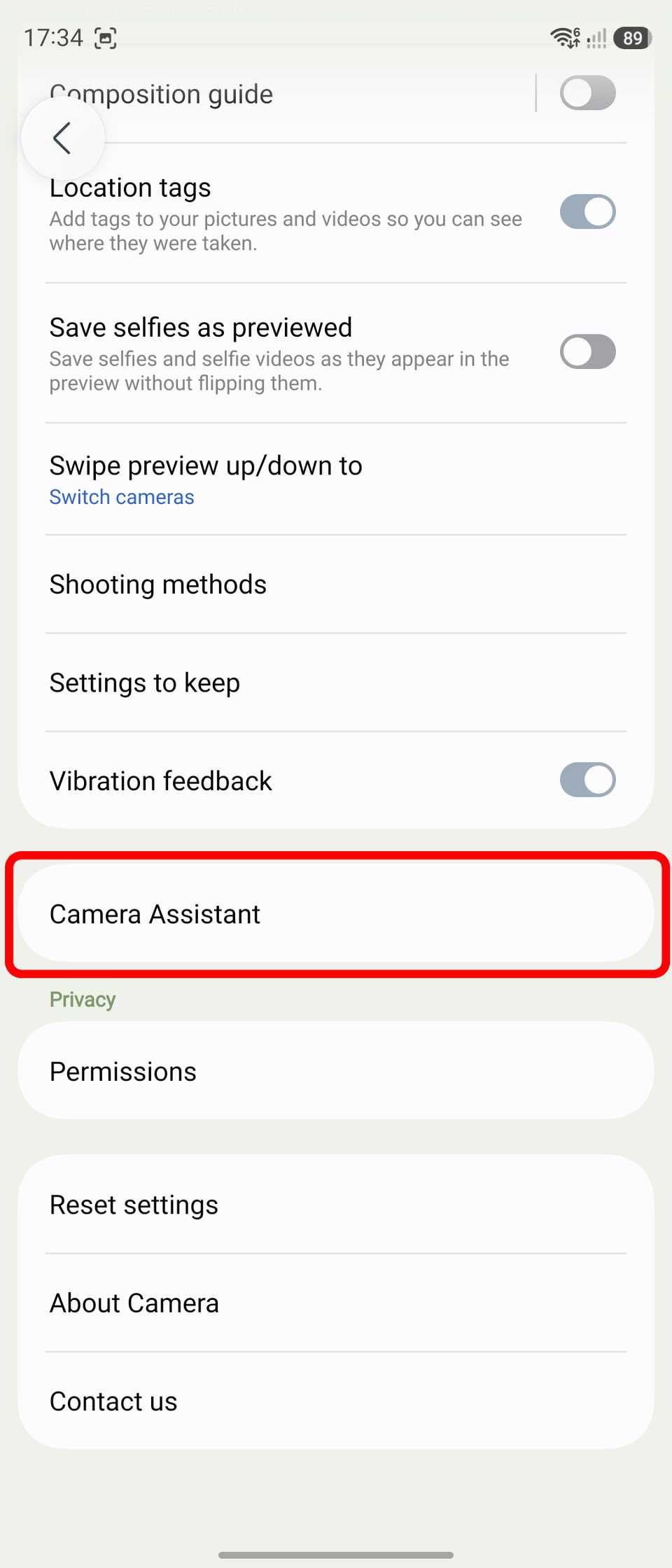 Camera Assistant highlighted in Samsung Galaxy Camera app