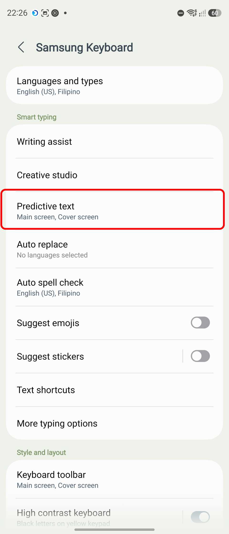 Predict phrases settings in Samsung Keyboard app