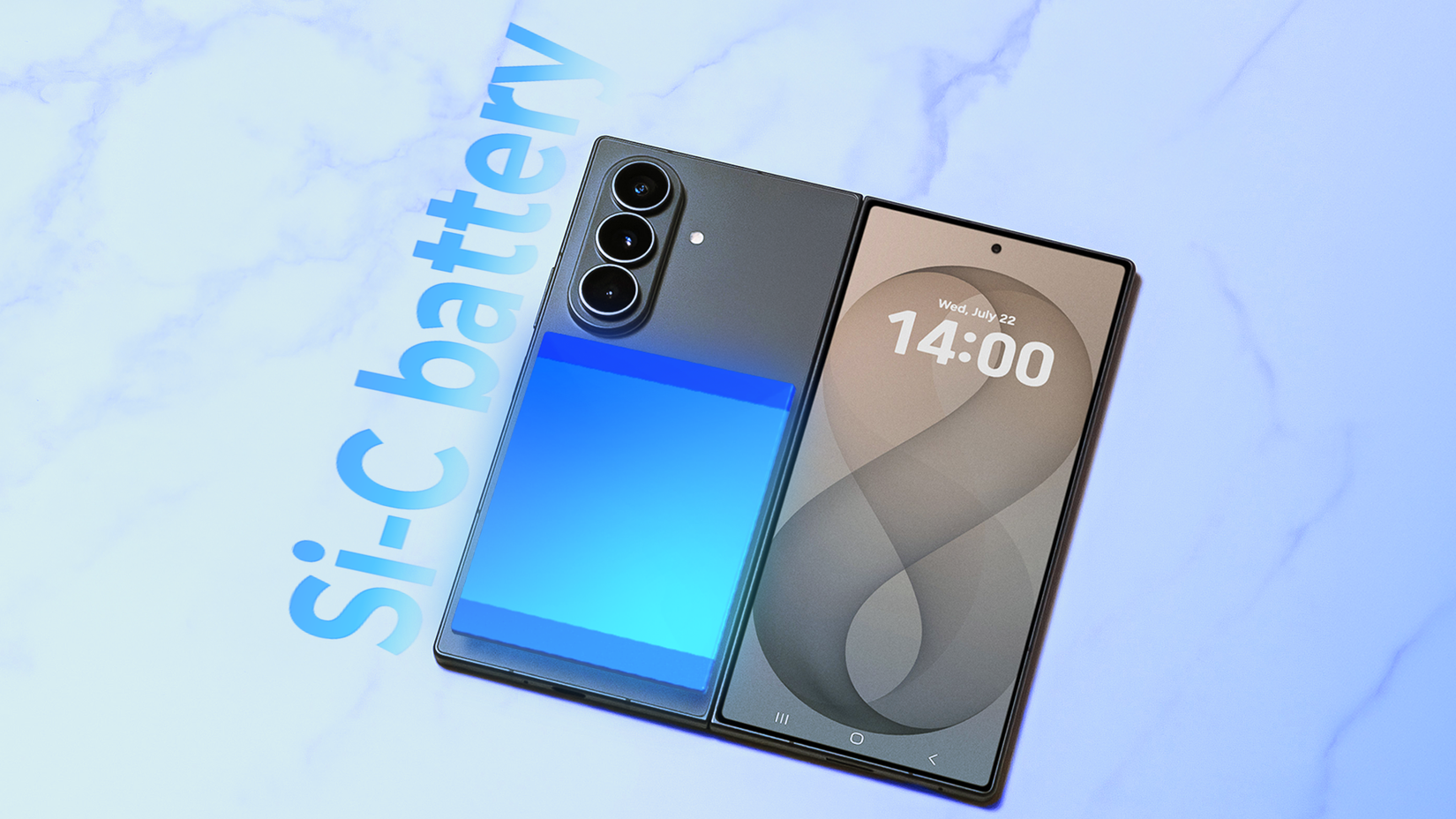 Samsung Galaxy Z Fold with a silicon-carbon battery graphic on the back.