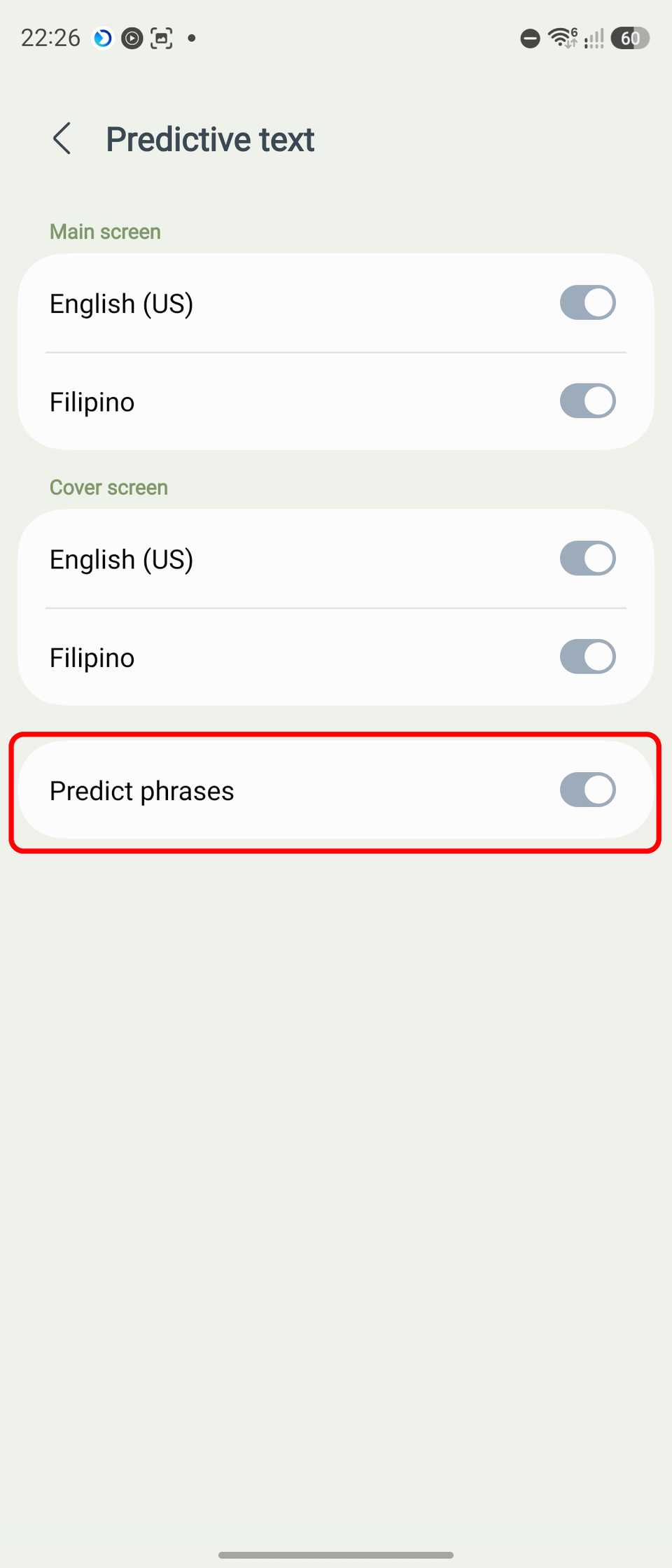 Predict phrases toggle highlighted in Samsung Keyboard app