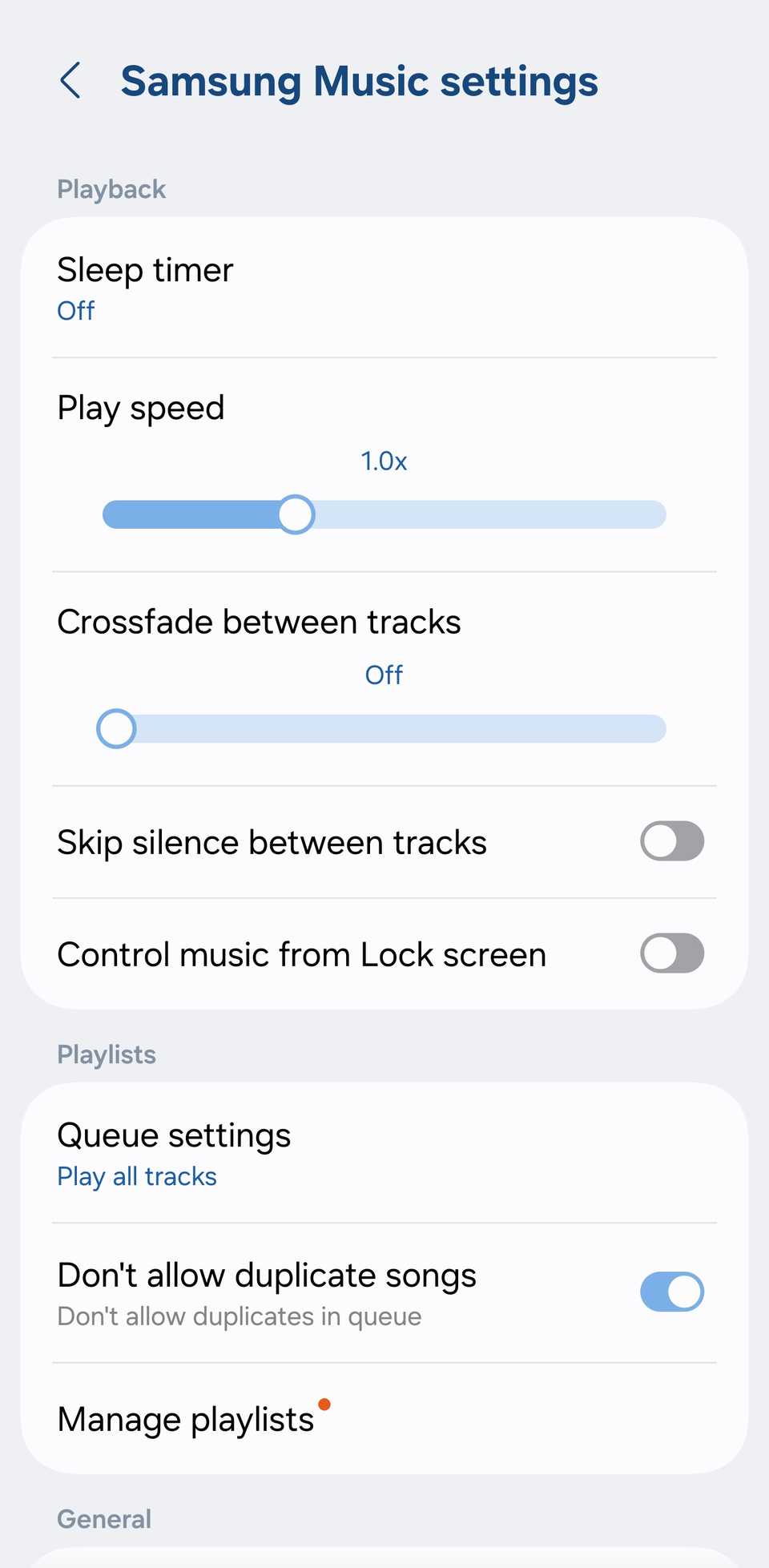 A screeshot showing settings in Samsung Music