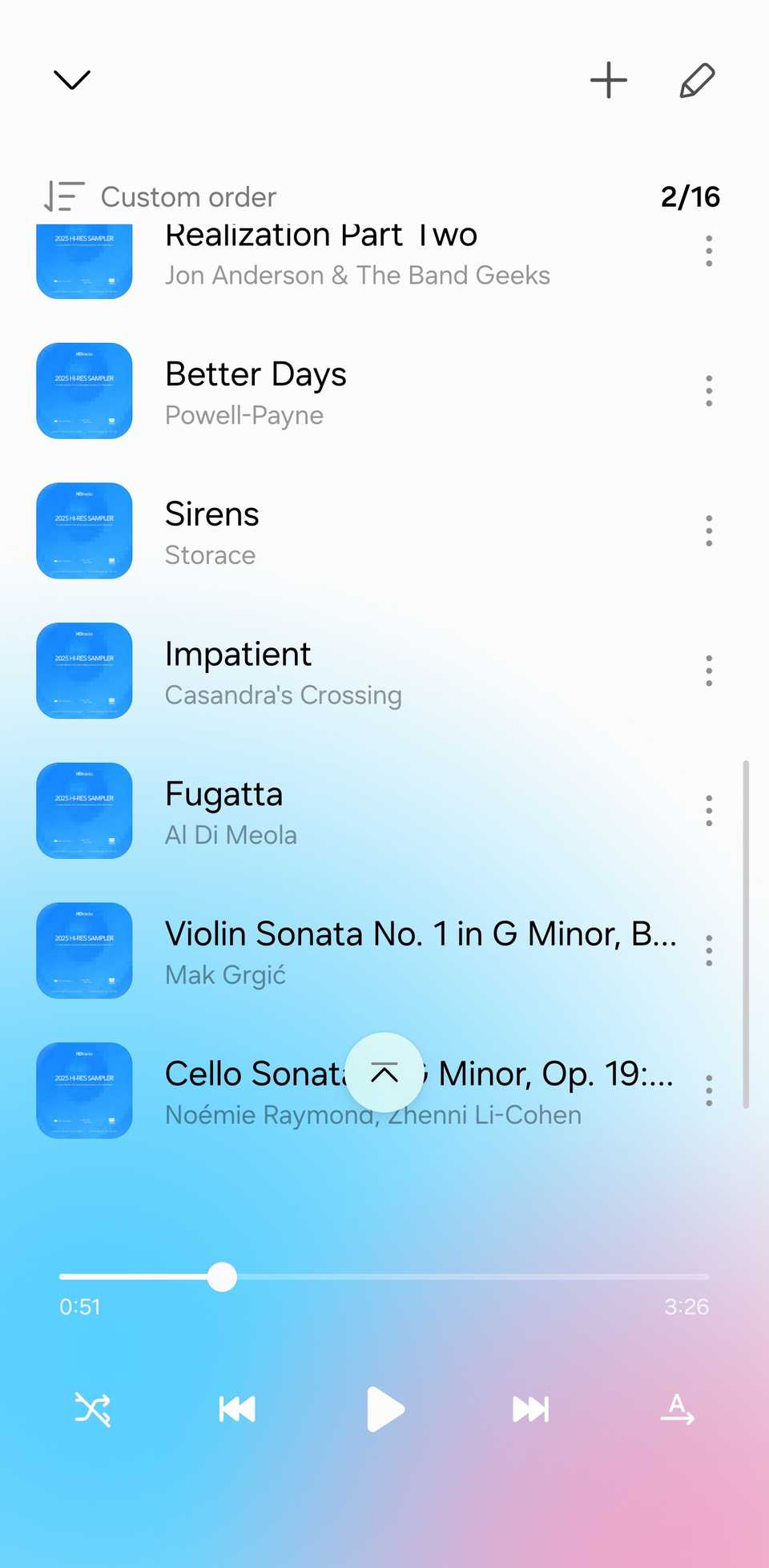 A screeshot showing song list in Samsung Music