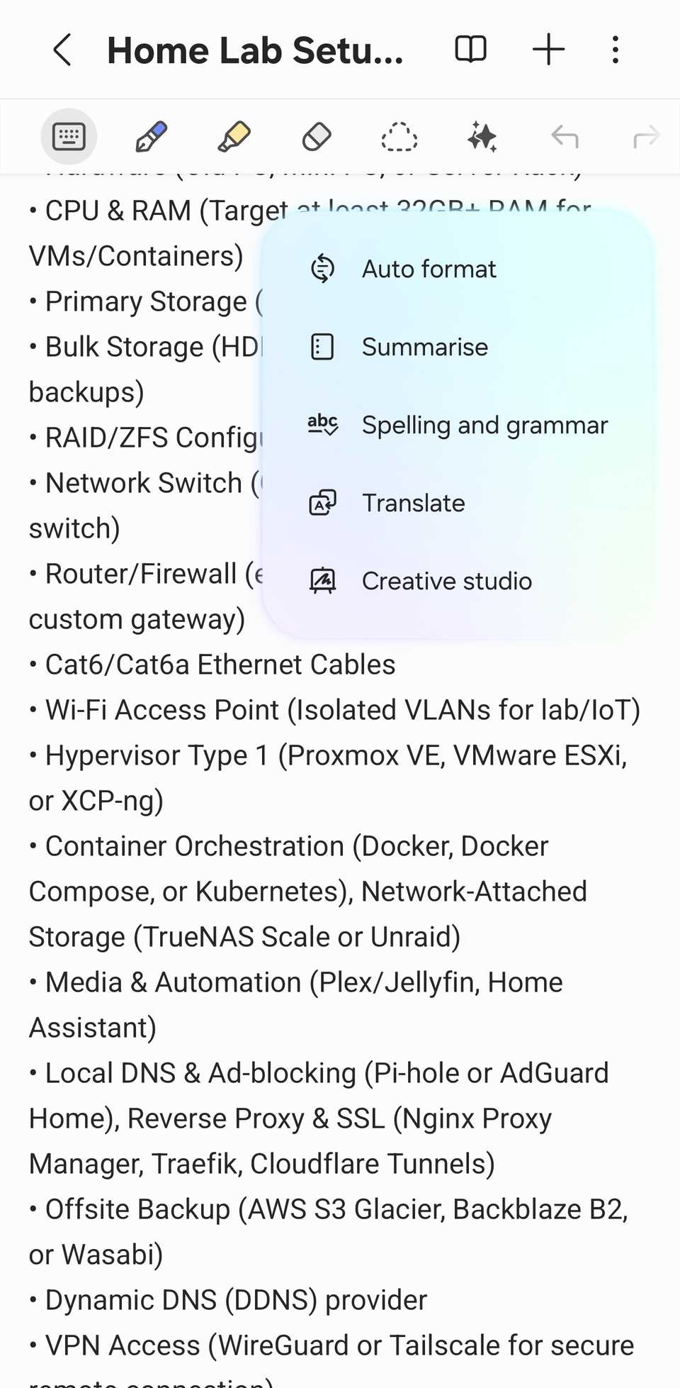 A screenshot showing Galaxy AI in Samsung Notes