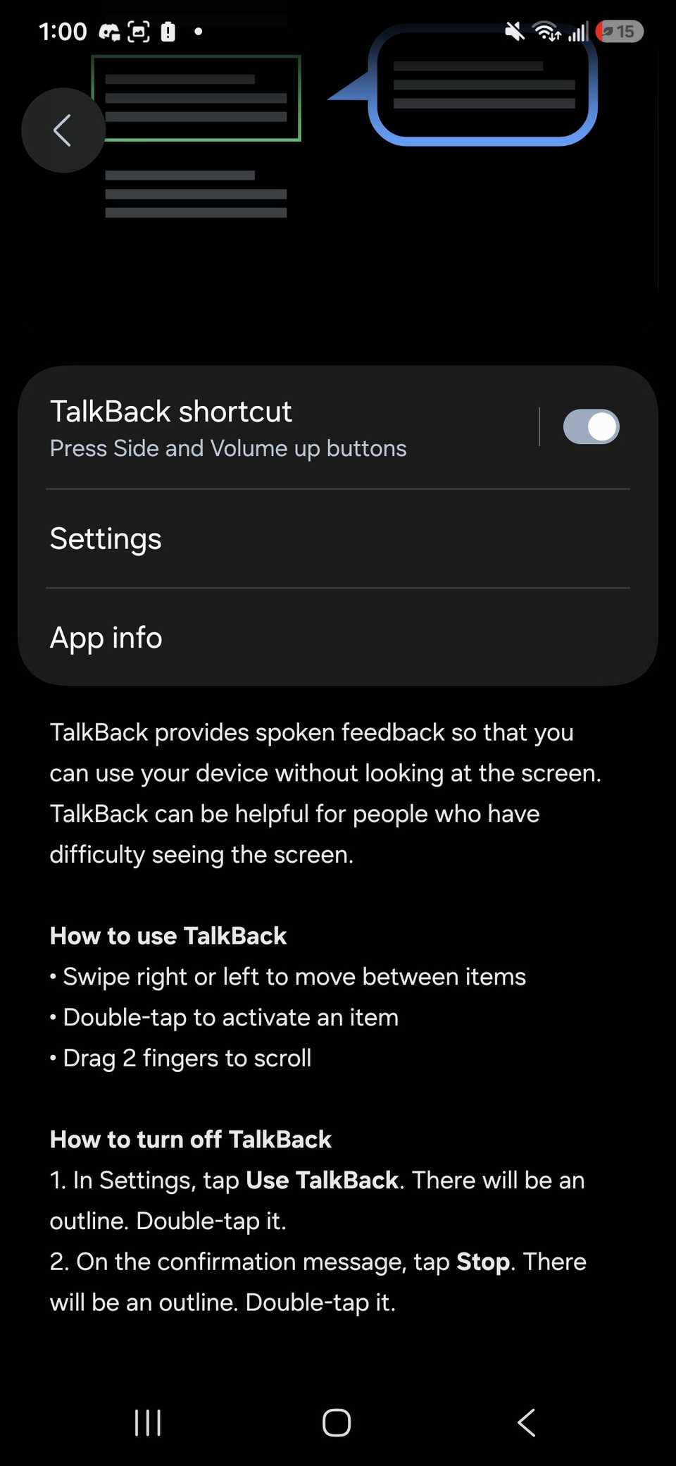 Raccourci Talkback activé dans les paramètres d'accès sur Samsung