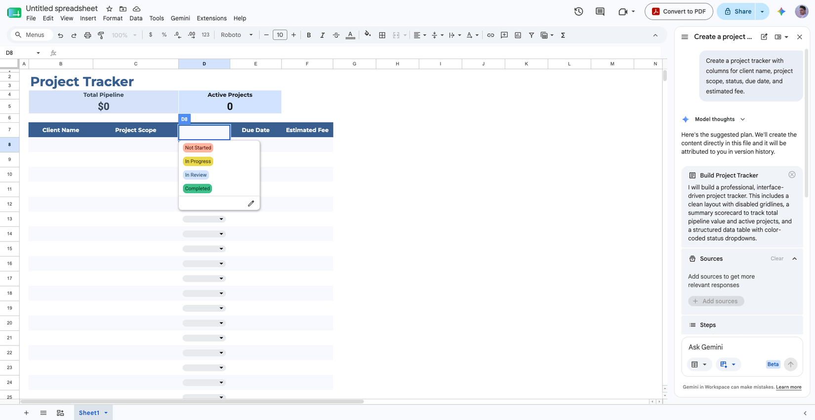 Um exemplo de Gemini fazendo um projeto do zero no Planilhas Google