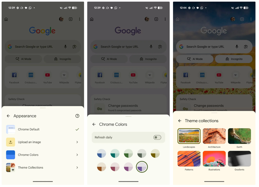 Chrome on Android New Tab Customization screenshots