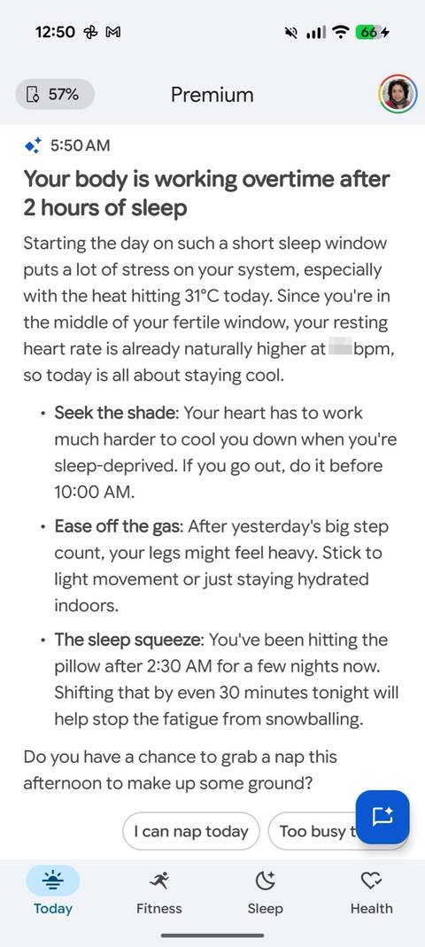 Screenshot showing the Google Health Coach analyzing a 2-hour sleep as inefficient