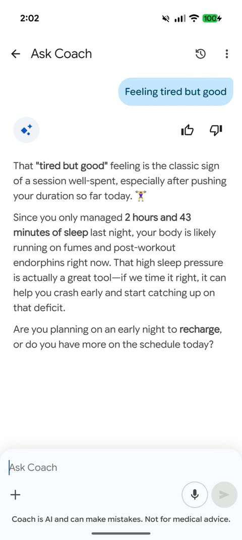 Screenshot showing the Google Health Coach explaining why I'm feeling tired but good