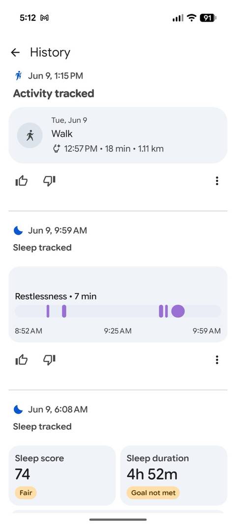Screenshot of the Google Health app showing history without any AI Coach