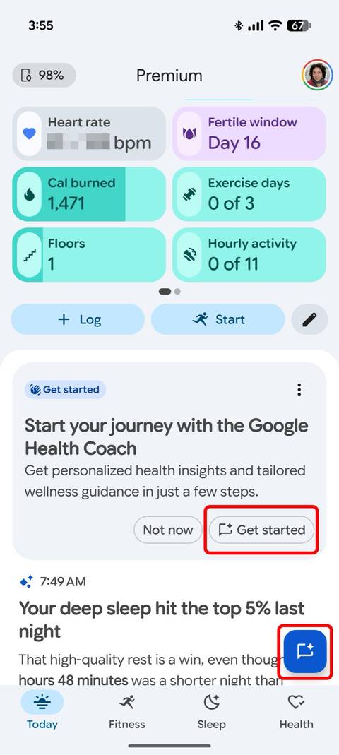 Screenshot showing how to turn back on the Google Health Coach, step 1