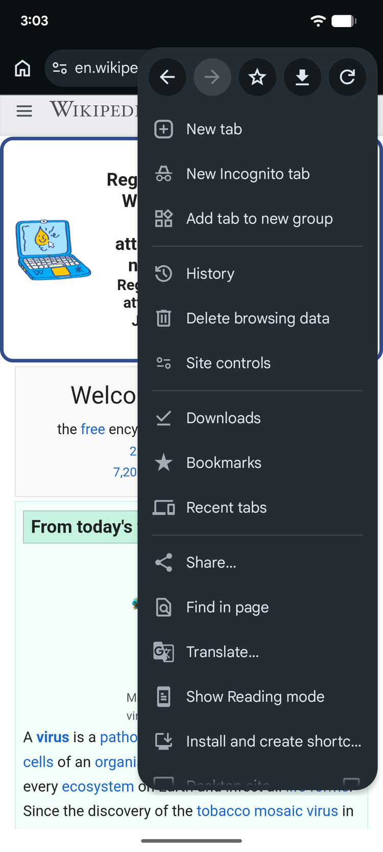 o menu do Chrome para Android com o novo botão Voltar