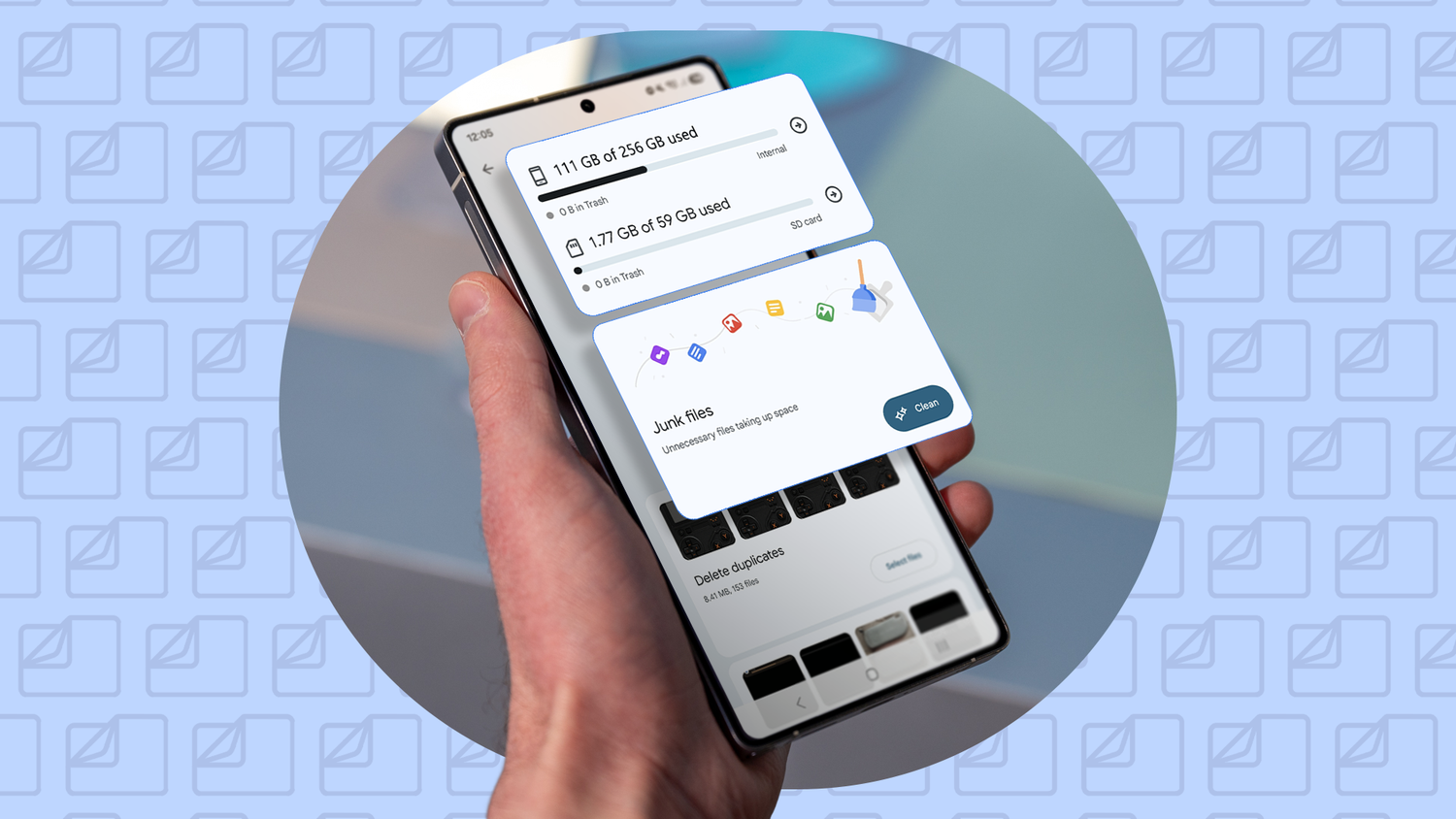 Smartphone showing Files by Google storage cleanup cards