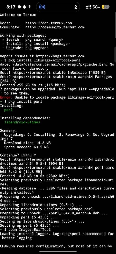 Termux terminal showing successful ExifTool metadata strip on image file with failed prior attempts