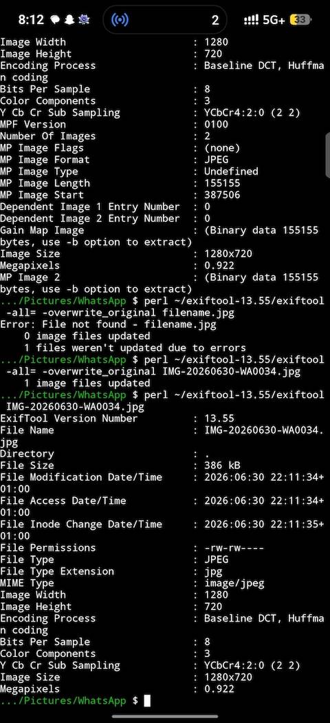 Idle prompt in Termux terminal confirming successful metadata strip from image file