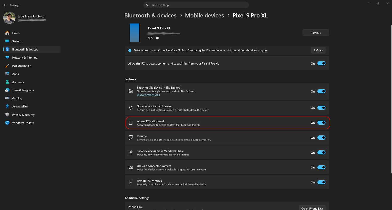 Showing Bluetooth and devices settings to enable clipboard syncing between Android's Swiftkey and PC on Windows 11