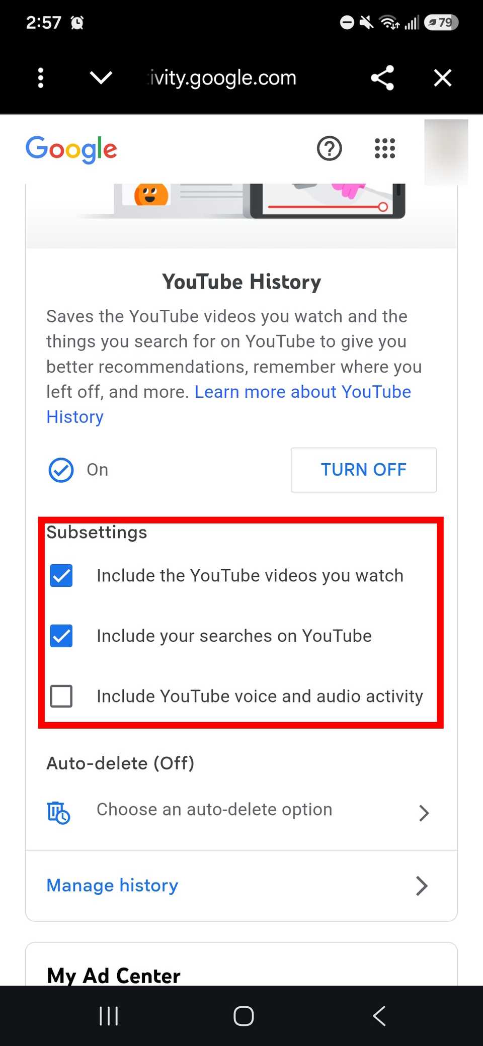 Red rectangular outline highlighting sub-settings in the YouTube app. A checkbox appears next to the option.