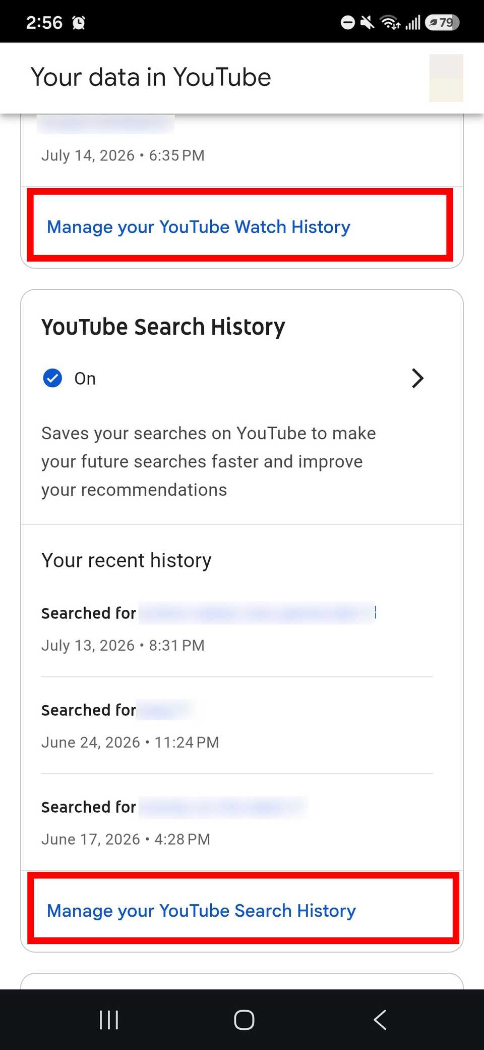 A summary of the two options in the red rectangle:[YouTube 視聴の管理]and highlight the[YouTube アプリでの YouTube 再生履歴の管理]What to highlight