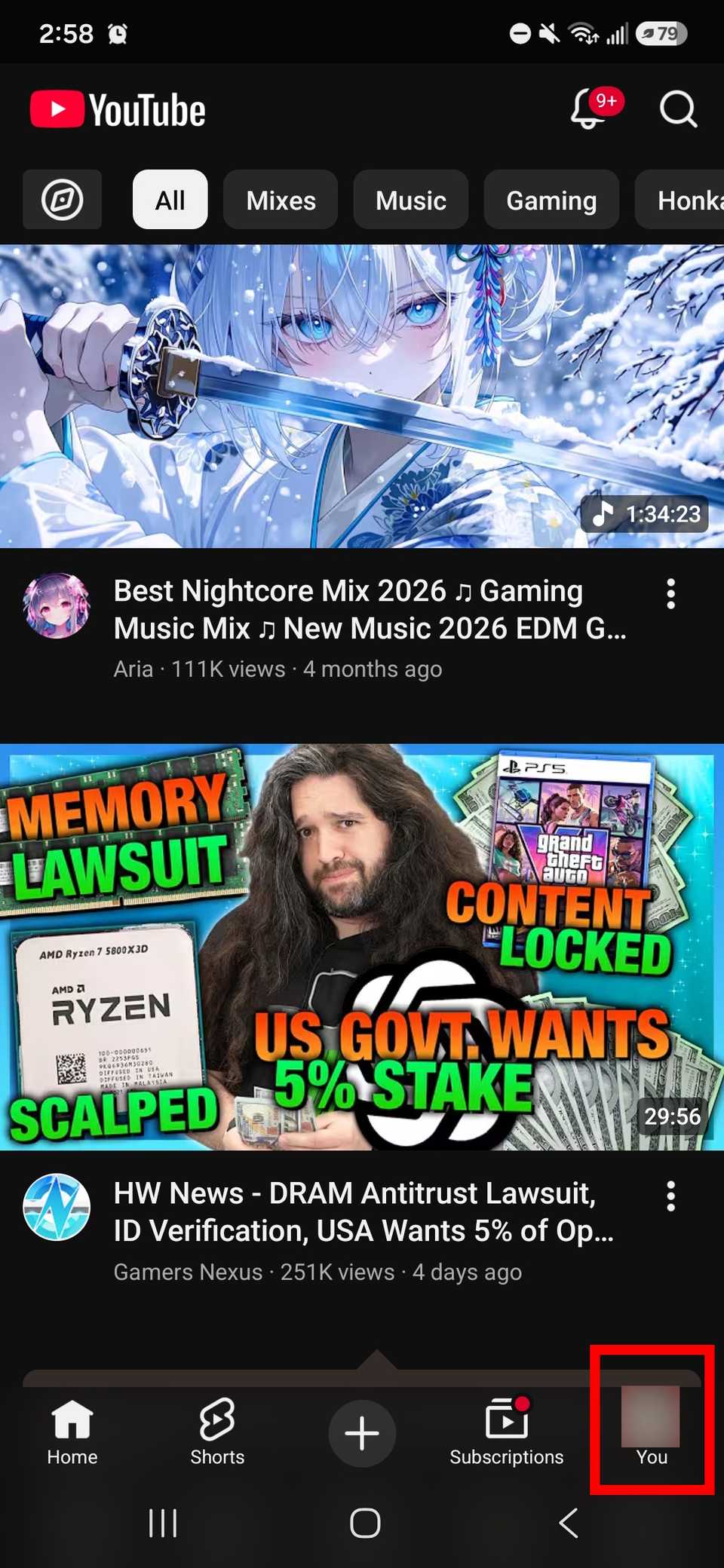 Red square outline highlighting profile icon in YouTube app