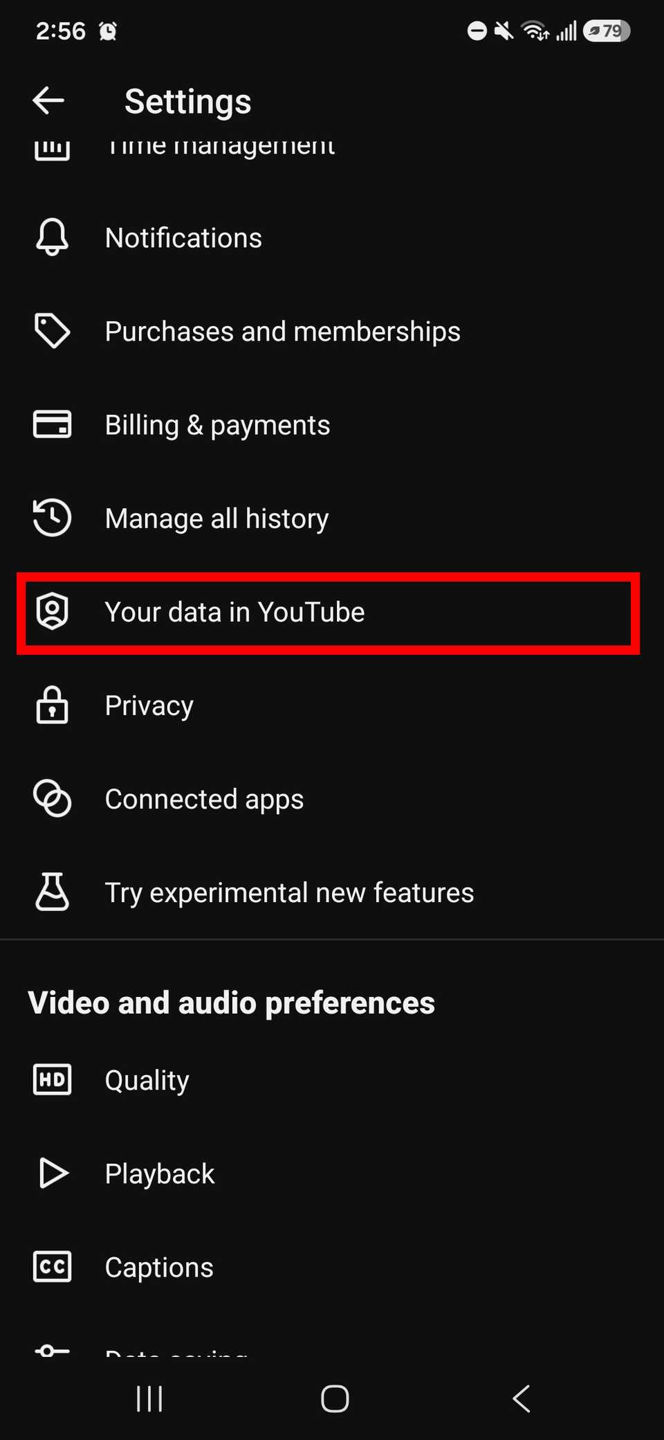 Red square outline highlighting YouTube data in the YouTube app