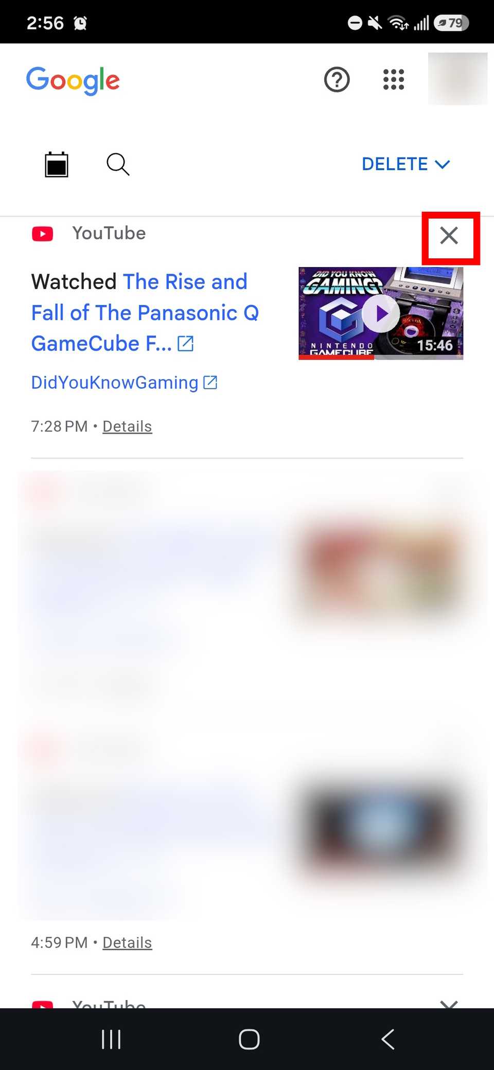 next to a specific entry in your YouTube history in the YouTube app.[X]button